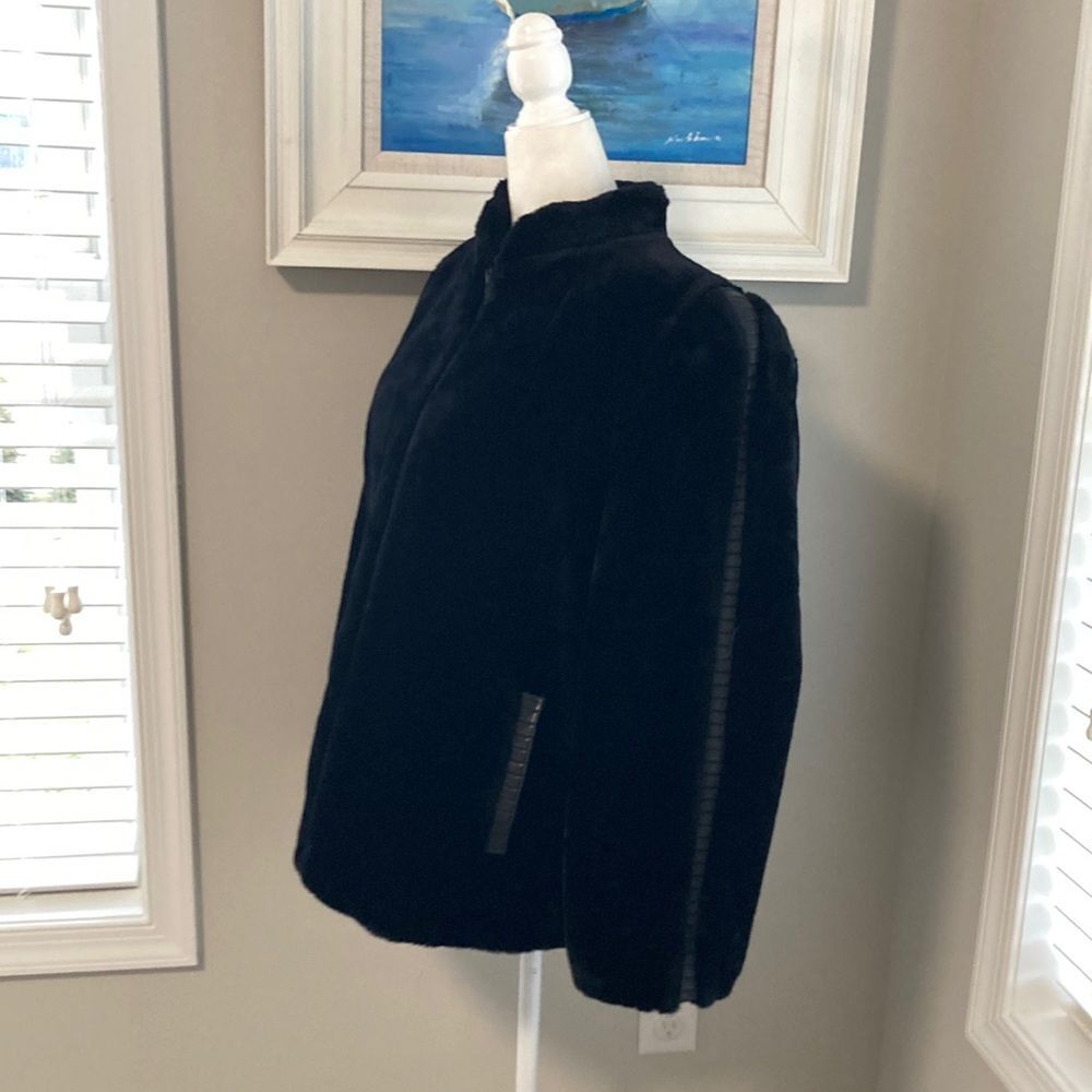Vintage 80s 90s Outerlayers Mouton Faux Fur Short Black Winter Zipper Jacket - Picture 3 of 16